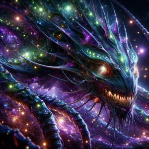 A mesmerizingly grotesque Stygian bioluminescent alien, its elon...