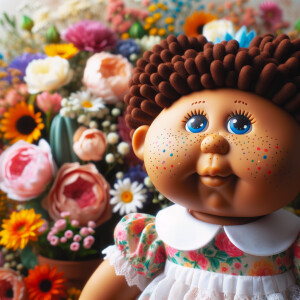 African-American cabbage patch doll with huge dimples, and freckles and flowers in the background