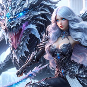 A beautiful huntress from the “Monster Hunter” series with dark...