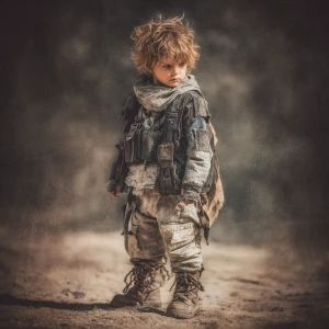 Post-apocalyptic fashion style for a 3-year-old child, wearing l...