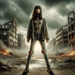 Skinny and thin Asian teen girl wearing skin tight jeans that are worn and frayed, long hair and bangs heroic ready to fight stance