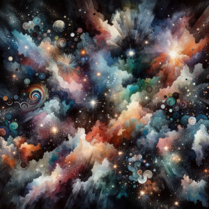 A black background with watercolor designs scattered around, sca...