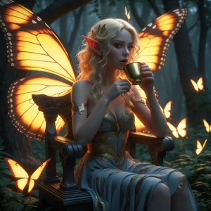 A beautiful blonde fairy with huge butterfly wings sits on an an...