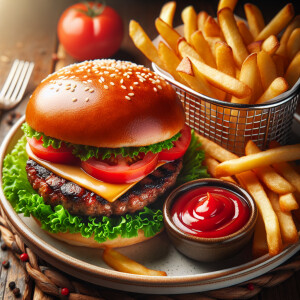 A burger with fries and ketchup