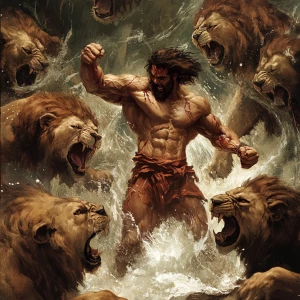 Create an image depicting a muscular Daniel battling lions after being thrown in the lions den