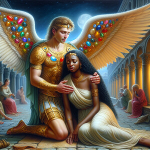 Create an oil painting image featuring a male angel and a grievi...