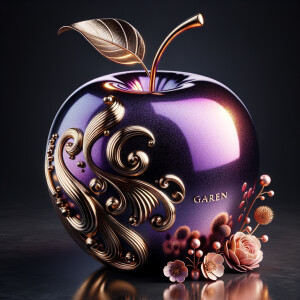 Envision a lustrous, oversized apple with a surface that gleams in a radiant shade of purple, as if lacquered to a high shine, reflecting light from its smooth, curvaceous form. The apple is adorned with elegant gold leaf patterns that swirl luxuriously around its contour, bringing a baroque opulence to its appearance. The stem, a bronzed sculpture in itself, supports a single leaf that seems to glow with an inner luminescence. At the apple’s base, a collection of flowers blooms, their petals softening the scene with organic shapes and colors that harmonize with the vibrant purple and gold. Incorporated into the metallic filigree in an artful script is the name "Karen," as if the apple were personally inscribed, enhancing the custom and bespoke quality of the piece.