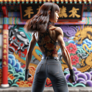 Athletic Thin skinny Attractive, Asian teenage girl, long brown hair and bangs, wearing tight skinny jeans and a halter top paint marks on her clothing, heroic pose Asian graffiti background, backside view