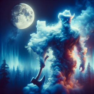 Beautiful epic Texas made of smoke holding an axe in front of th...