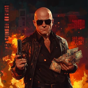 A bald man with a stern expression, wearing dark oval sunglasses...