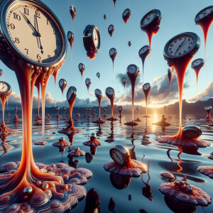 "melting clocks float in the sky, dripping ferrofluid from their...