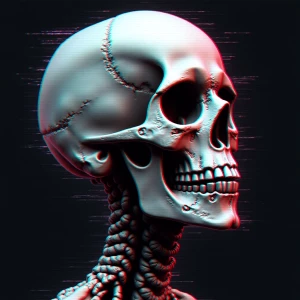 Portrait of modern alien skull with digital glitches, color shi...
