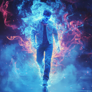 Create a captivating image of a mysterious figure striding confi...