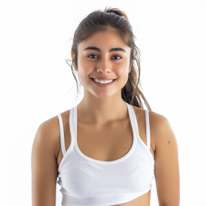 A cute woman

Smiling 

Clothes: white tank top

Age: 22

Region...