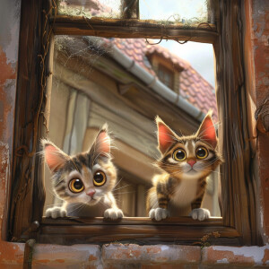 A cartoon of three mischievous cats sitting on a ledge, looking...