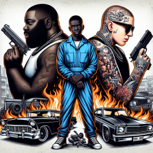 Rap album cover, fat black guy, skinny black guy in blue jump su...