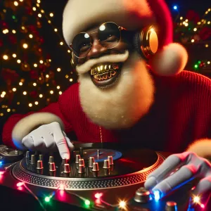 Create an African American Santa with gold teeth djing on the tu...