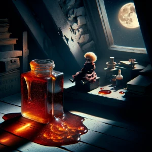 In a shadowy attic room, illuminated only by the soft glow of th...