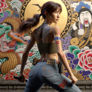 Athletic Thin skinny Attractive, Asian teenage girl, long brown hair and bangs, wearing tight skinny jeans and a halter top paint marks on her clothing, heroic pose Asian graffiti background, backside view