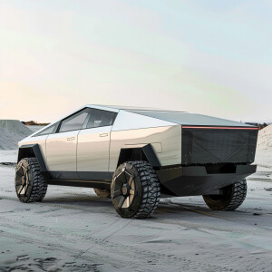 A futuristic car mixed with the cybertruck a Cadillac and a hybr...