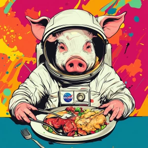 Cute cartoon pig in vintage white spacesuit and NASA style helme...
