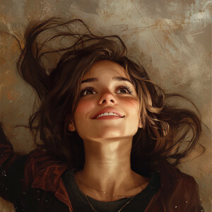 Girl on her back, looking up at us smiling