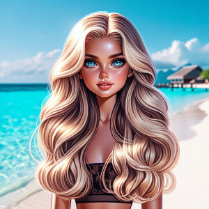 Ai Surf Girl on beach Bora Bora, blonde hair, black bikini, long...