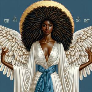 Create an image of a young Black woman with long, natural Afro-t...