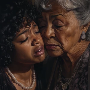 An emotional moment between two African American women, one younger and one older, depicted in a hyper-realistic style. The younger woman has curly black hair, while crying, showing deep sorrow and vulnerability. The older woman, with gray hair and deep wrinkles, gently kisses her on the cheek, providing comfort and love in a maternal way. Both are wearing pearl necklaces, and the scene captures a powerful sense of emotional connection and empathy. The lighting is soft, highlighting their rich, dark skin tones and the intricate details of their expressions."