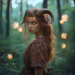 Capture a hyper-realistic portrait of a young Aries female hybri...
