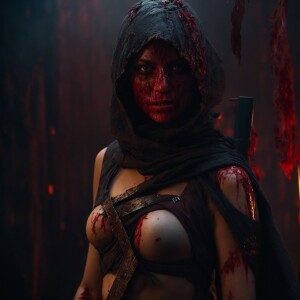 A terrifying undead ninja with decomposing flesh, tattered cloth...