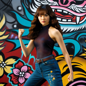 Athletic Thin skinny Attractive, Asian teenage girl, long brown hair and bangs, wearing tight skinny jeans and a halter top paint marks on her clothing, heroic pose Asian graffiti background