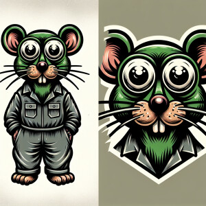 A green cartoonish rat with bulging eyes,wearing a grey jumpsuit...