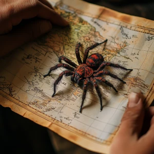A good-looking sound arachnologist looking at a map of South Ame...
