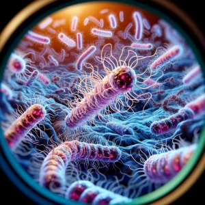 "Under the microscope, a microscopic battlefield unfolds, teemin...