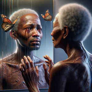 Create a 3-D realistic, adult african-American, female and male looking at themselves in the mirror but the child them has scars dirty crying and sad, with a falling butterfly