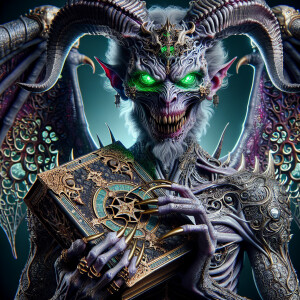 a highly-detailed  macabre demonic devil with vibrant silver int...