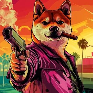 MEME DOGE in GTA art style, Doge hold a big gun and smoke a cig...