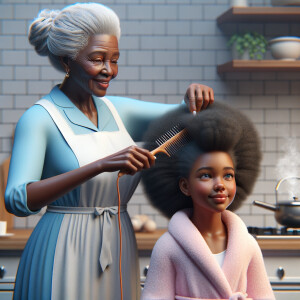 Create a realistic 3-D image of an african-American grandmother wearing a blue house dress and a white apron . She is in the kitchen with her african-American granddaughter. Her granddaughter is wearing a pink bath robe. The grandmother has a hot comb in her hand and she is straightening her granddaughters hair. One side of her granddaughters hair is in  a Afro the other straight 
There is smoke coming from the hot comb
The granddaughter is making a face