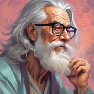 Digital art, a stylized old man with long silver hair, clean sha...