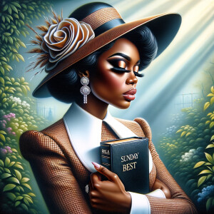 Render an airbrush oil painting of an African American woman with flawless makeup in a
contemplative pose, holding a Bible close to her heart, dressed in an elegant Sunday Best
outfit with a distinctive Church Hat. The background features a peaceful church garden,
with light filtering through the trees, highlighting her spiritual connection and the personal
moment of reflection. The artwork should capture the tranquility of the scene, the beauty
of her attire, and the depth of her contemplation, reflecting a serene and spiritually