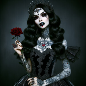 Beautiful gothic vampire version of Belle with tattoos, clutchin...