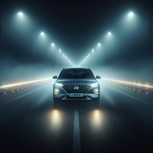 Изобрази Hyundai Creta 2020 ночью на трассе с туманом, похожую н...
