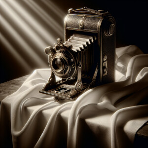 1800’s camera sitting on a table with a white tablecloth