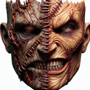vivid intricate details of a 3D face one side is freddy Kruger a...