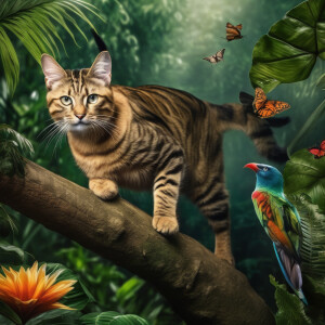 A flying cat with some other animals in the jungle