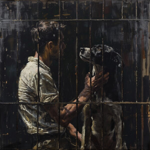 Una jaula con un perro peleando