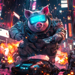 Stylized portrait of a futuristic pig in a scratched, bulky cosm...