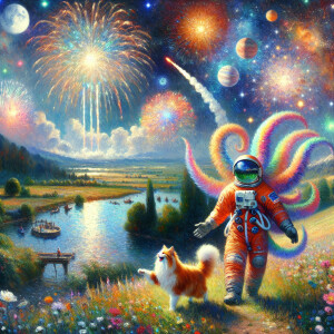 "Depict an enchanting eight-tailed cat, its tails embellished wi...