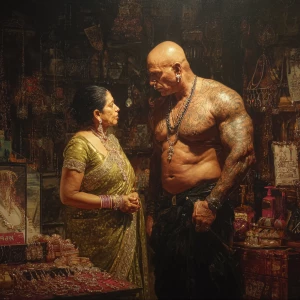 Hyperrealism photo painting.a muscular beefy tattoed gujarati sw...